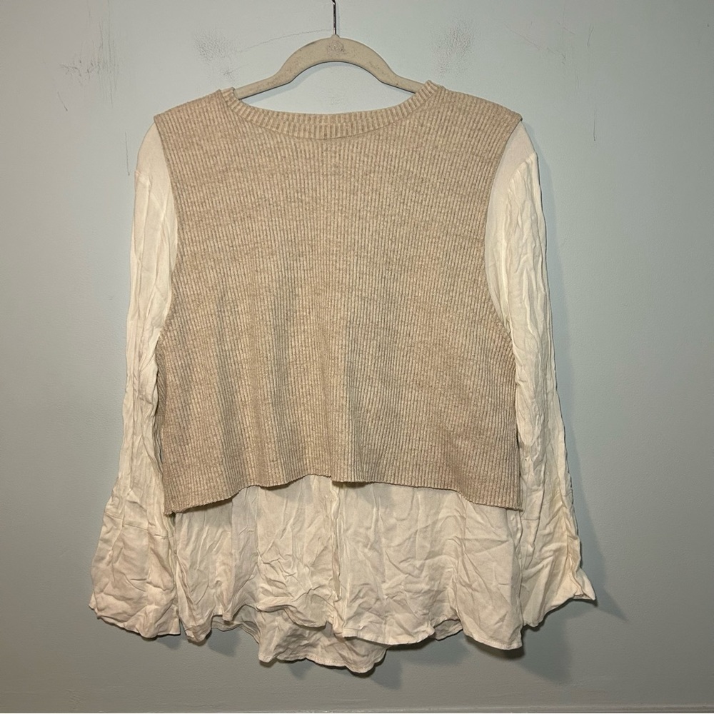 Zara Tan Ribbed Vest over White Long Sleeve Blouse Size Medium